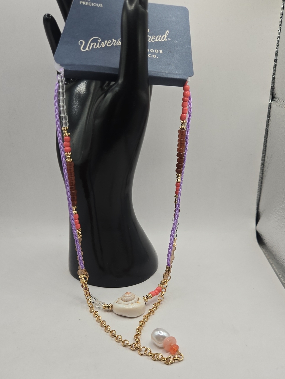 NEW Universal Thread Purple and Coral Beaded Shell Pendant Necklace